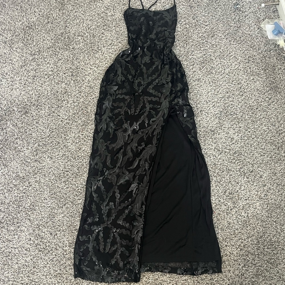 Fashion Nova Black Sequin Sheer Lace Maxi Prom Dress